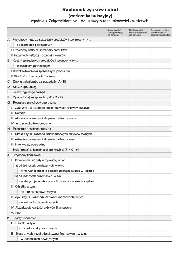 SFJINZ RZiS-WK (v.1-2) Rachunek zysków i strat (wariant kalkulacyjny) - zgodnie z Załącznikiem Nr 1 do ustawy o rachunkowości (jednostka inna) w złotych - z wysyłką pliku xml JPK_SF 