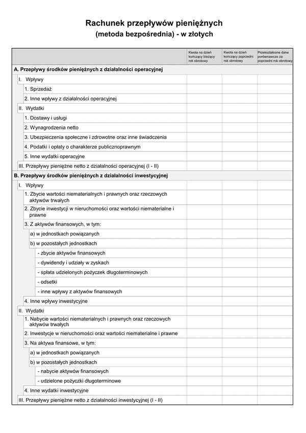 SFJINZ Rach-Pb (v.1-2) Rachunek przepływów pieniężnych (metoda bezpośrednia) w złotych - z wysyłką pliku xml JPK_SF 