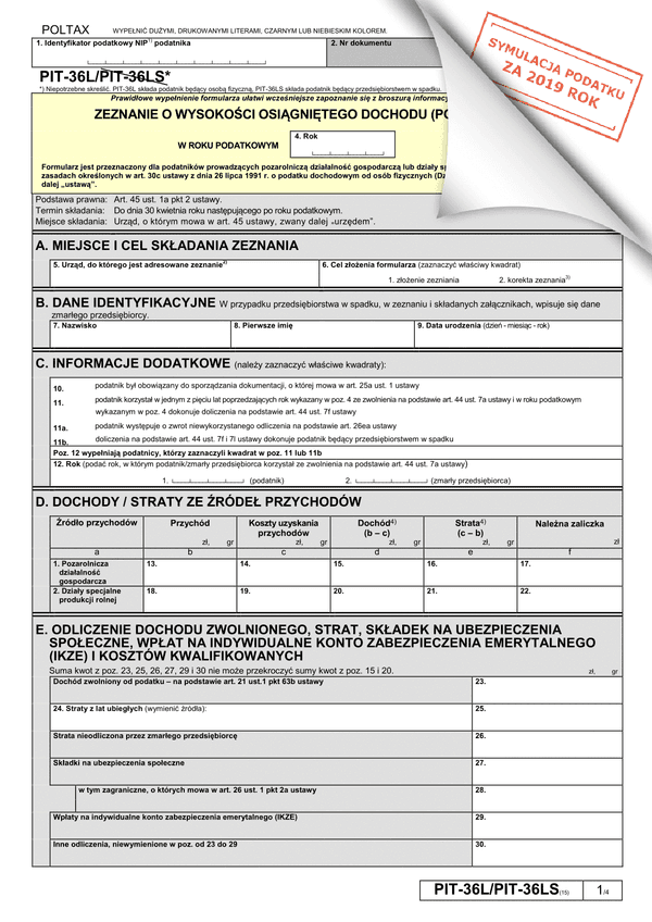PIT-36L (15) (archiwalny) (2019) Zeznanie o wysokości osiągniętego dochodu (poniesionej straty)