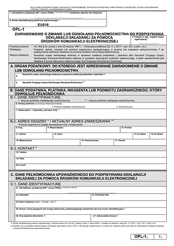 OPL-1 (od III 2018) Zawiadomienie o odwołaniu pełnomocnictwa do podpisywania deklaracji składanej za pomocą środków komunikacji elektronicznej