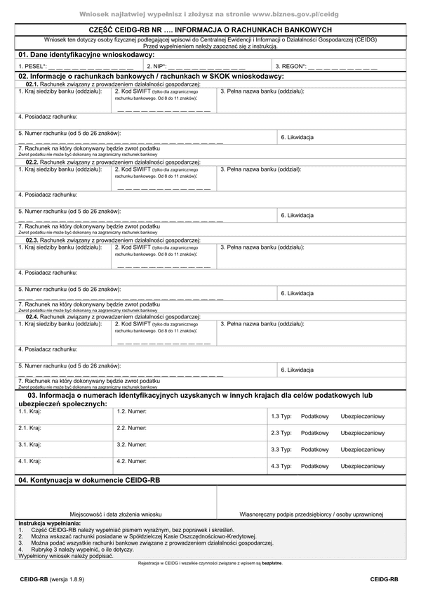 CEIDG-RB (1.8.9) (archiwalny) Informacja o rachunkach bankowych