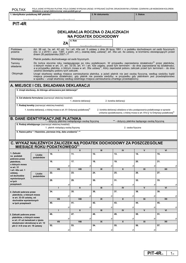 PIT-4R (9) (archiwalny) (2019) Deklaracja roczna o pobranych zaliczkach na podatek dochodowy (składana od 01.01.2020)