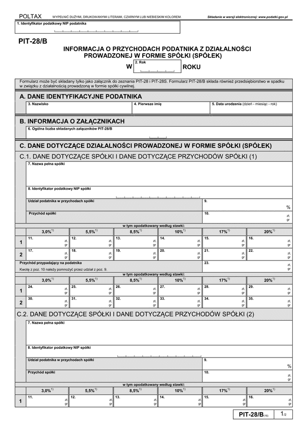 PIT-28/B (16) (archiwalny) (2019-2020) Informacja o przychodach podatnika z działalności prowadzonej w formie spółki (spółek) osób fizycznych