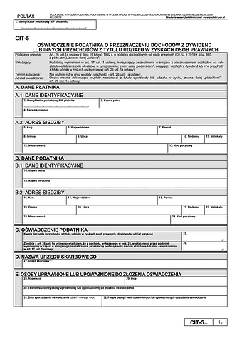 CIT-5 (12) Oświadczenie podatnika o przeznaczeniu dochodów z dywidend lub innych przychodów z tytułu udziału w zyskach osób prawnych