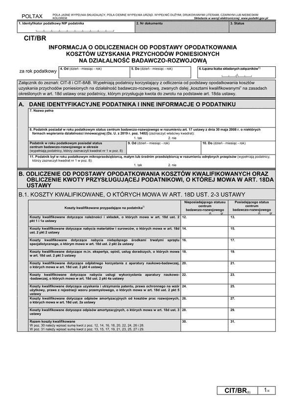 CIT/BR (6) (archiwalny) Informacja o odliczeniach od podstawy opodatkowania kosztów kwalifikowanych