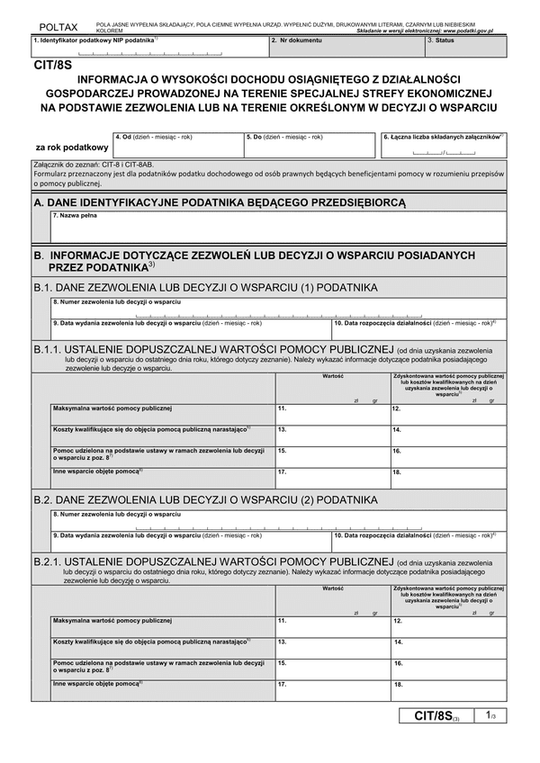 CIT/8S (3) (archiwalny) Informacja o wysokości dochodu osiągniętego z działalności gospodarczej prowadzonej na terenie specjalnej strefy ekonomicznej na podstawie zezwolenia