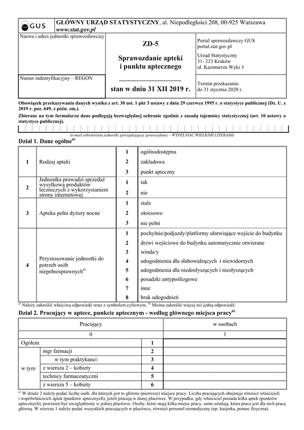 GUS ZD-5 (2019) (archiwalny) Sprawozdanie apteki i punktu aptecznego stan w dniu 31 XII 2019 r.