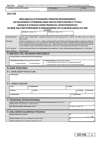 CIT-11R (5) Deklaracja o wysokości podatku dochodowego od dochodów z dywidend oraz innych przychodów z tytułu udziału w zyskach osób prawnych, wydatkowanych na cele inne niż wymienione w CIT-5 lub CIT-6AR