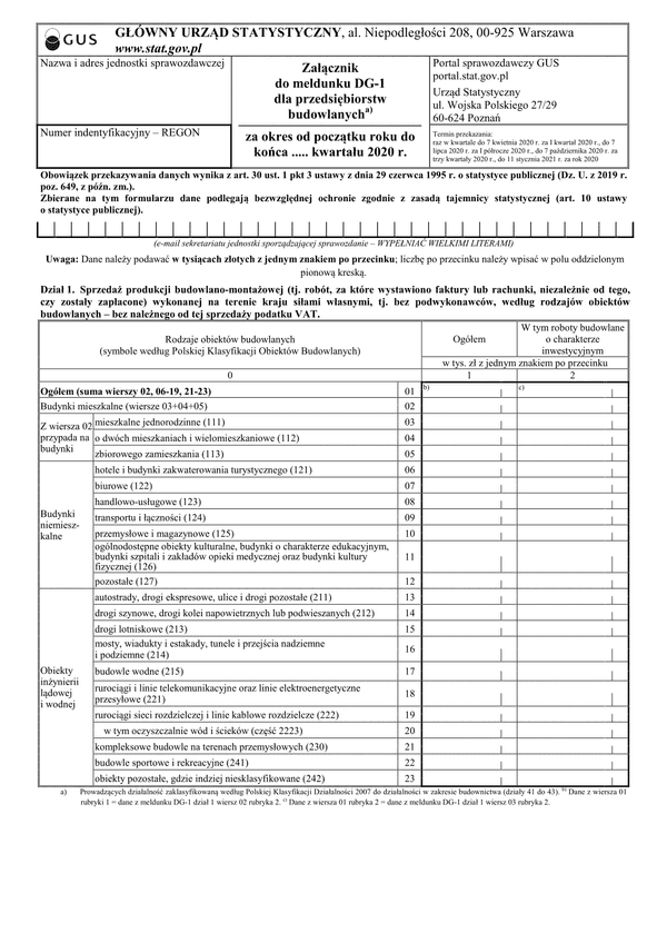 GUS DG-1 ZAŁ (2020) (archiwalny) Załącznik do meldunku DG-1 dla przedsiębiorstw budowlanych