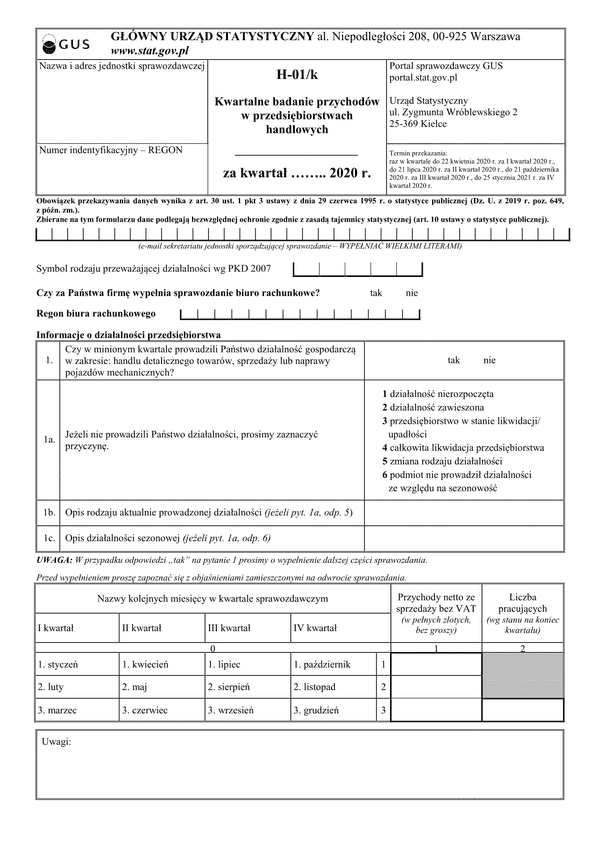 GUS H-01/k (archiwalny) (2020) Kwartalne badanie przychodów w przedsiębiorstwach handlowych