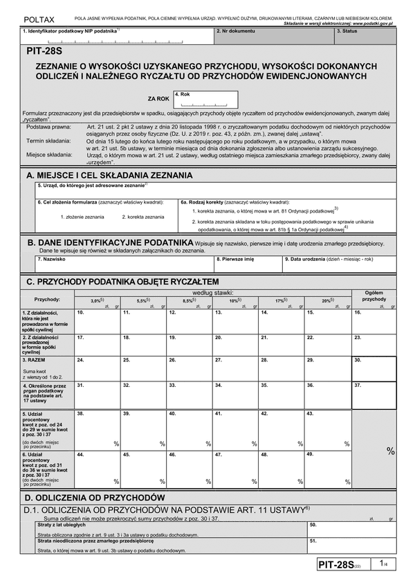 PIT-28S (22) (archiwalny) (2019) Zeznanie o wysokości uzyskanego przychodu, wysokości dokonanych odliczeń i należnego ryczałtu od przychodów ewidencjonowanych za 2019