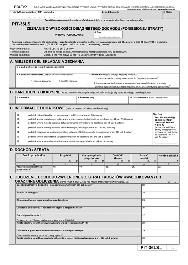 PIT-36LS (16) (archiwalny) (2019) Zeznanie o wysokości osiągniętego dochodu (poniesionej straty)