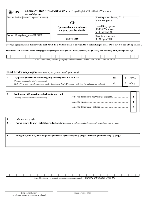 GUS GP (2019) (archiwalny) Sprawozdanie statystyczne dla grup przedsiębiorstw za rok 2019