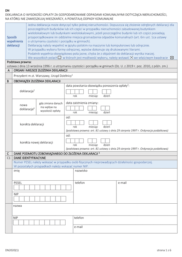 D-N (archiwalny) Deklaracja o wysokości opłaty za gospodarowanie odpadami komunalnymi dla nieruchomości, na której nie zamieszkują mieszkańcy, a powstają odpady komunalne (Warszawa)