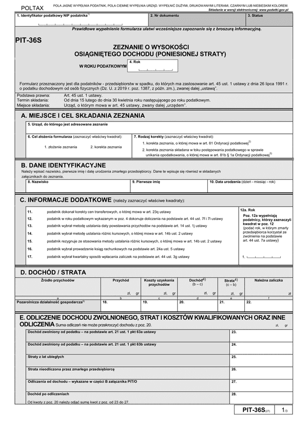 PIT-36S (27) (archiwalny) (2019) Zeznanie o wysokości osiągniętego dochodu (poniesionej straty)