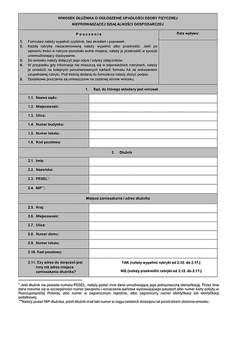 WDUK-D Wniosek dłużnika o ogłoszenie upadłości osoby fizycznej nieprowadzącej działalności gospodarczej