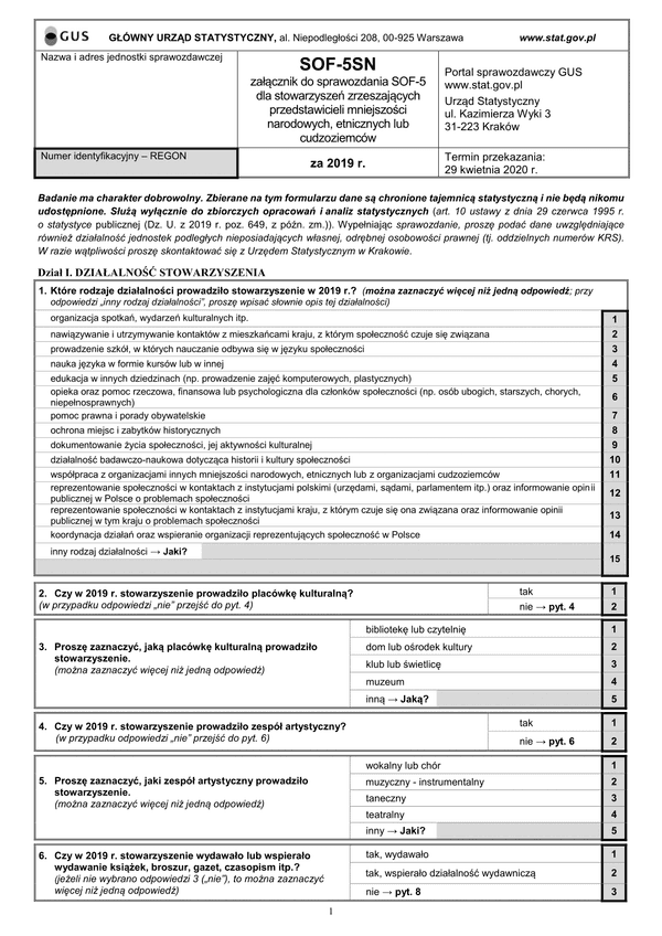 GUS SOF-5SN (archiwalny) Załącznik do sprawozdania SOF-5 dla stowarzyszeń zrzeszających przedstawicieli mniejszości narodowych, etnicznych lub cudzoziemców za 2019 r.
