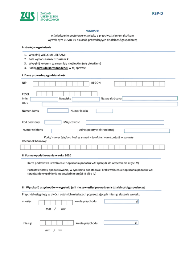 ZUS RSP-D (archiwalny) (Covid-19 koronawirus) WNIOSEK o świadczenie postojowe w związku z przeciwdziałaniem skutkom wywołanym COVID-19 dla osób prowadzących działalność gospodarczą