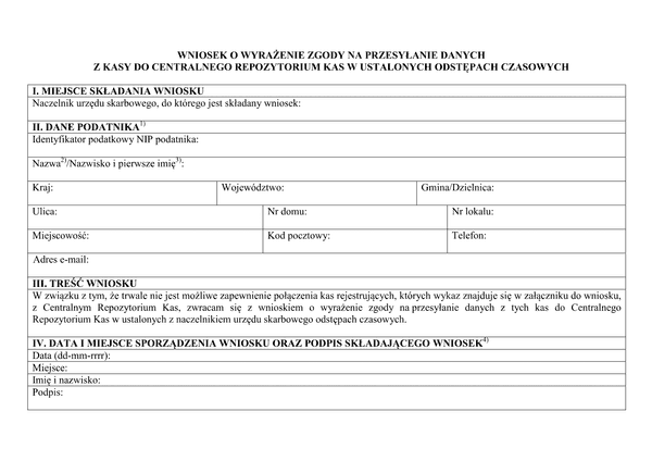 ZnPDzK Wniosek o wyrażenie zgody na przesyłanie danych z kasy do Centralnego Repozytorium Kas w ustalonych odstępach czasowych
