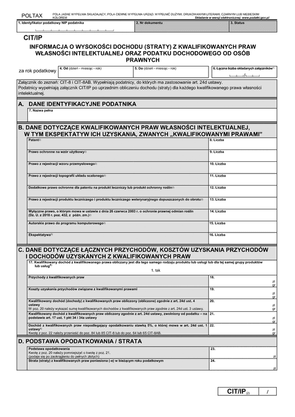 CIT/IP (2) (archiwalny) Informacja o wysokości dochodu (poniesionej straty) z kwalifikowanych praw własności intelektualnej
