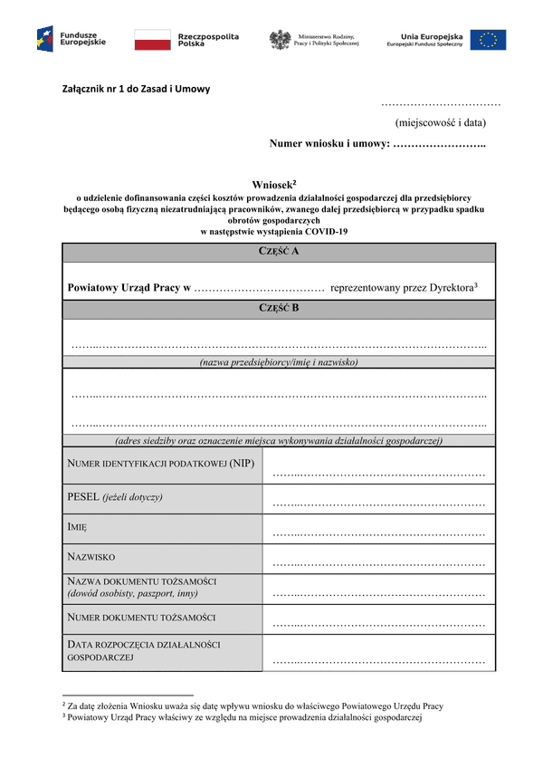 PSZ-DKDG  (archiwalny) Wniosek o udzielenie dofinansowania części kosztów prowadzenia działalności gospodarczej dla przedsiębiorcy będącego osobą fizyczną niezatrudniającą pracowników