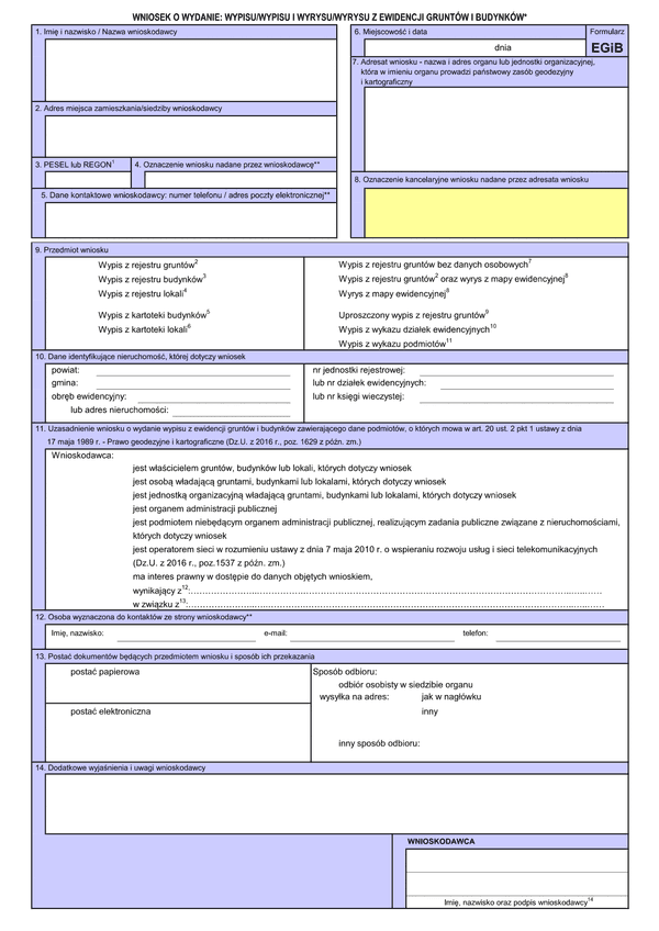 EGiB (archiwalny) Wniosek o wydanie: wypisu/wypisu i wyrysu/wyrysu z ewidencji gruntów i budynków