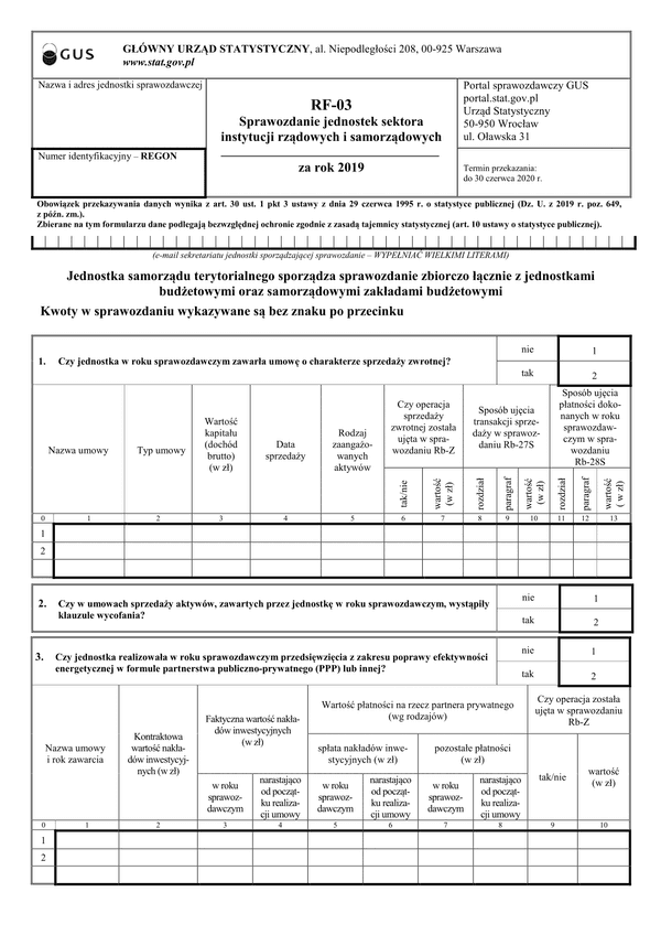 GUS RF-03 (2019) (archiwalny) Sprawozdanie jednostek sektora instytucji rządowych i samorządowych