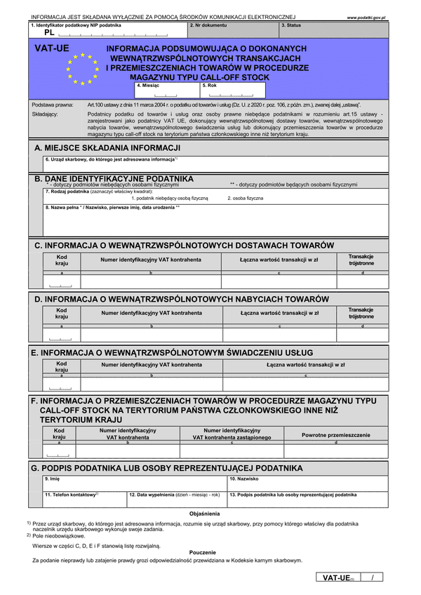 VAT-UE (5) (archiwalny) Informacja podsumowująca o dokonanych wewnątrzwspólnotowych transakcjach i przemieszczaniach towarów w procedurze magazynu call-off stock