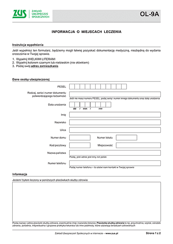 ZUS OL-9A Informacja o miejscach leczenia