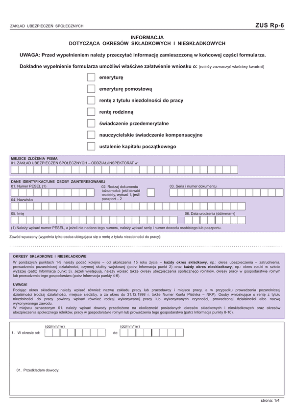 ZUS ERP-6 (archiwalny) Informacja dotycząca okresów składkowych i nieskładkowych