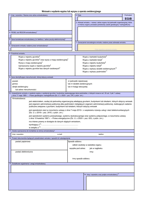 EGiB Wniosek o wydanie: wypisu/wypisu i wyrysu/wyrysu z ewidencji gruntów i budynków