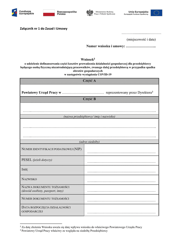 PSZ-DKDG  (archiwalny) Wniosek o udzielenie dofinansowania części kosztów prowadzenia działalności gospodarczej dla przedsiębiorcy będącego osobą fizyczną niezatrudniającą pracowników