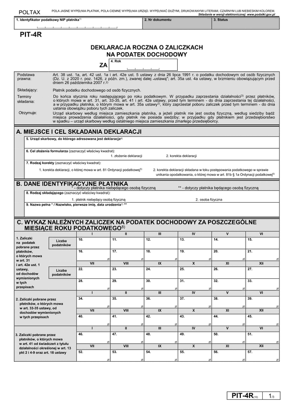 PIT-4R (10) (archiwalny) (2020) Deklaracja roczna o pobranych zaliczkach na podatek dochodowy
