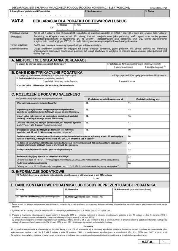 VAT-8 (11) Deklaracja dla podatku od towarów i usług