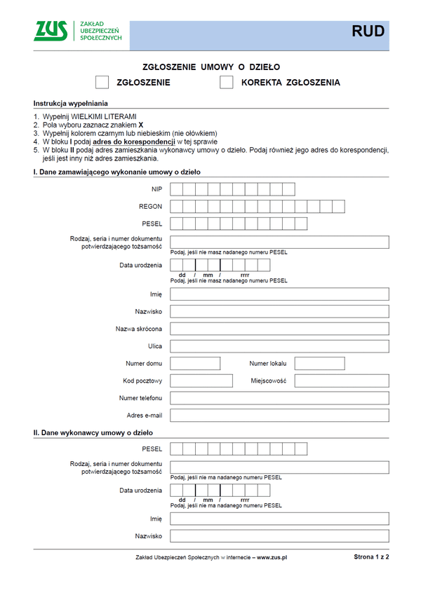ZUS RUD Zgłoszenie umowy o dzieło - z wysyłką do PUE ZUS