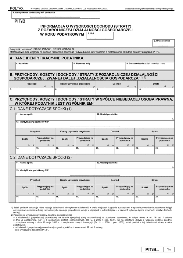 PIT/B (18) (archiwalny) (2020) Informacja o wysokości dochodu (straty) z pozarolniczej działalności gospodarczej