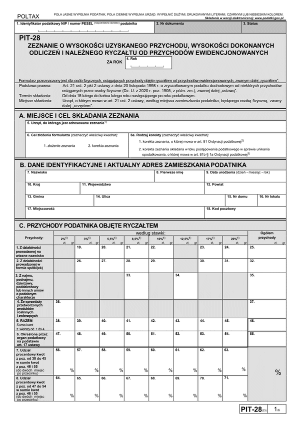 PIT-28 (23) (archiwalny) (2020) Zeznanie o wysokości uzyskanego przychodu, wysokości dokonanych odliczeń i należnego ryczałtu od przychodów ewidencjonowanych