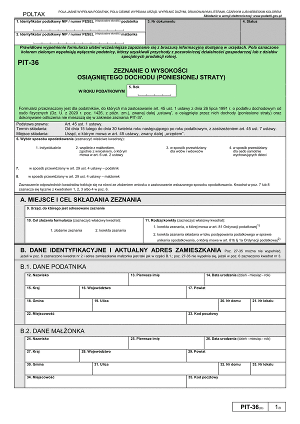 PIT-36 (28) (archiwalny) (2020) Zeznanie o wysokości osiągniętego dochodu (poniesionej straty)