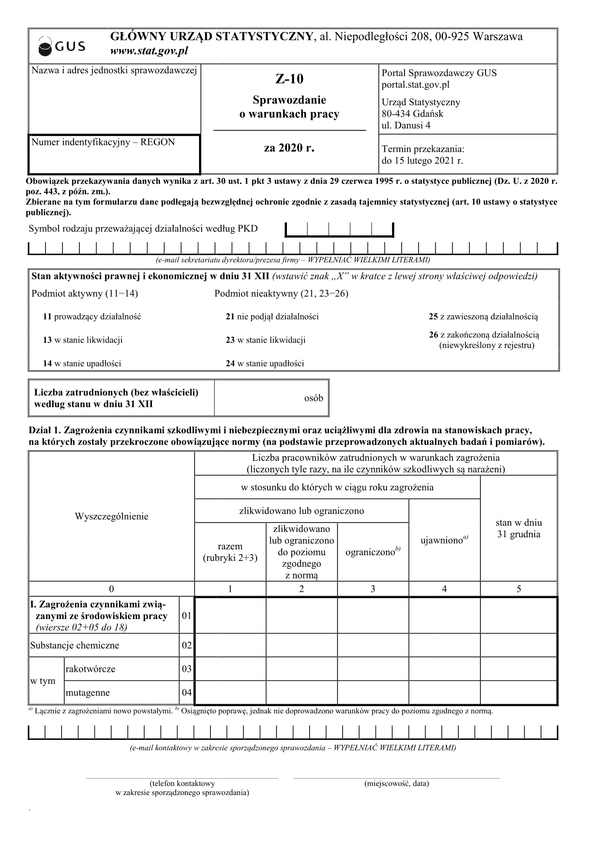 GUS Z-10 (2020) (archiwalny) Sprawozdanie o warunkach pracy za 2020 rok