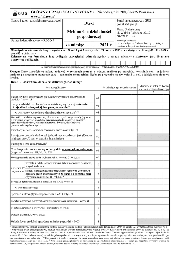 GUS DG-1 (2021) (archiwalny) Meldunek o działalności gospodarczej