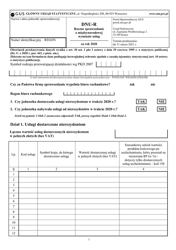 GUS DNU-R (archiwalny) (2020) Sprawozdanie o międzynarodowej wymianie usług za rok 2020