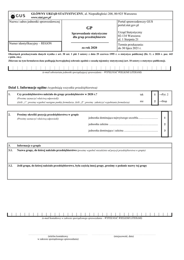 GUS GP (2020) (archiwalny) Sprawozdanie statystyczne dla grup przedsiębiorstw za rok 2020