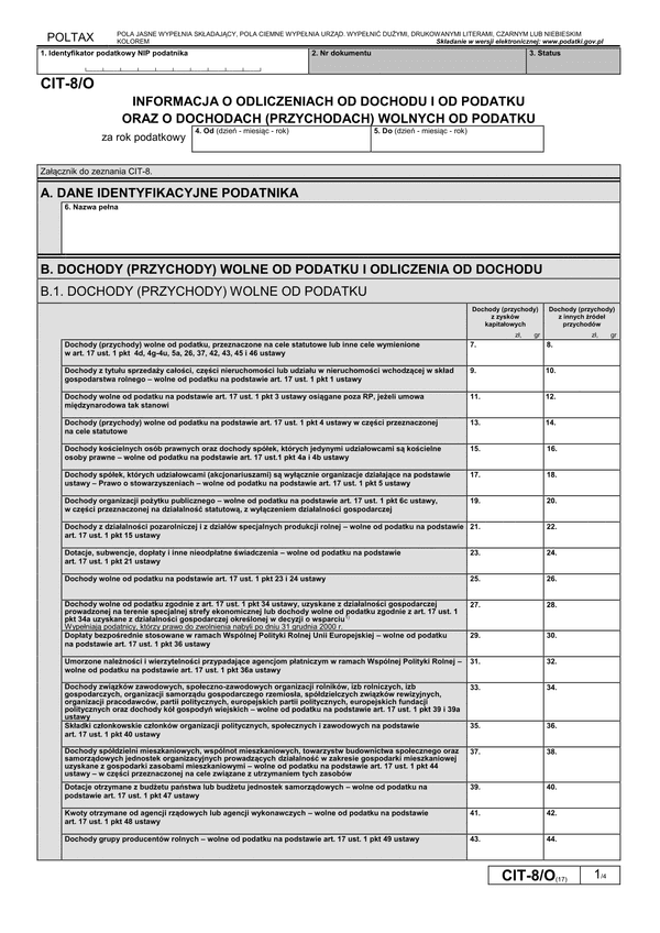 CIT-8/O (17) (archiwalny) Informacja o odliczeniach od dochodu i od podatku oraz o dochodach wolnych i zwolnionych od podatku