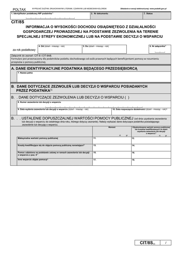 CIT/8S (5) (archiwalny) Informacja o wysokości dochodu osiągniętego z działalności gospodarczej prowadzonej na terenie specjalnej strefy ekonomicznej na podstawie zezwolenia