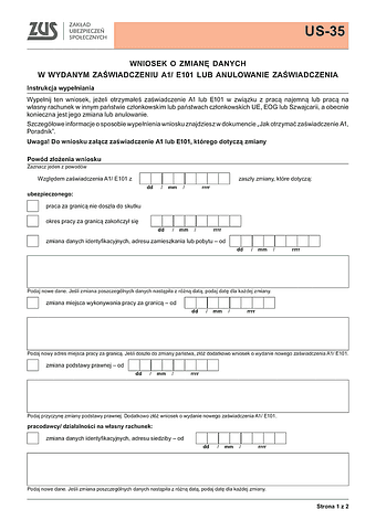 ZUS US-35 Wniosek o zmianę danych zawartych w wydanym formularzu A1/E101 lub anulowanie zaświadczenia - z wysyłką do PUE ZUS