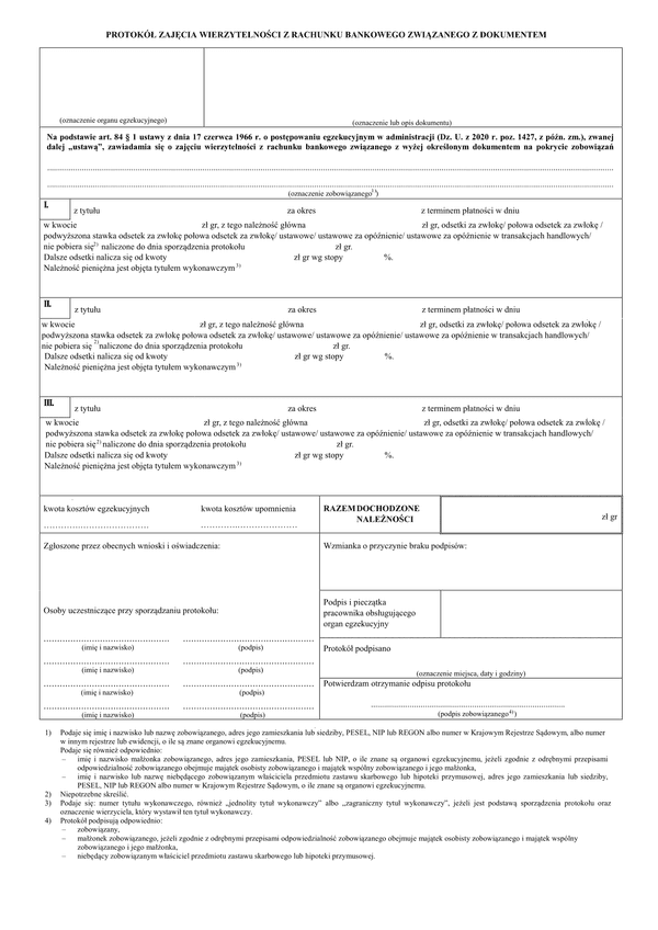 PZWzRB (archiwalny) Protokół zajęcia wierzytelności z rachunku bankowego związanego z dokumentem (załącznik nr 17)