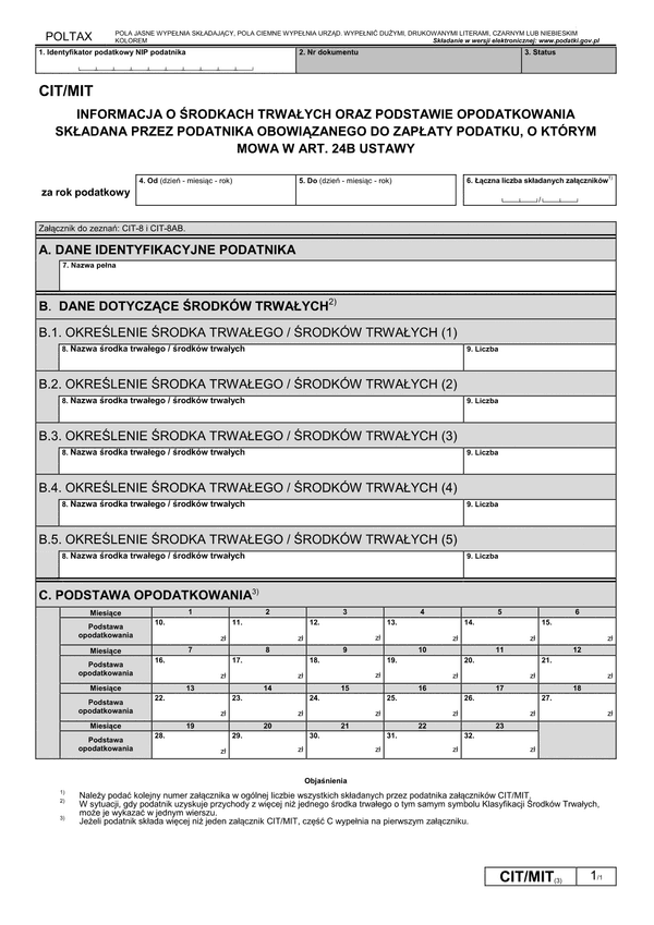 CIT/MIT (3) Informacja o środkach trwałych oraz przychodach składana przez podatnika obowiązanego do zapłaty podatku, o którym mowa w art. 24b ustawy 