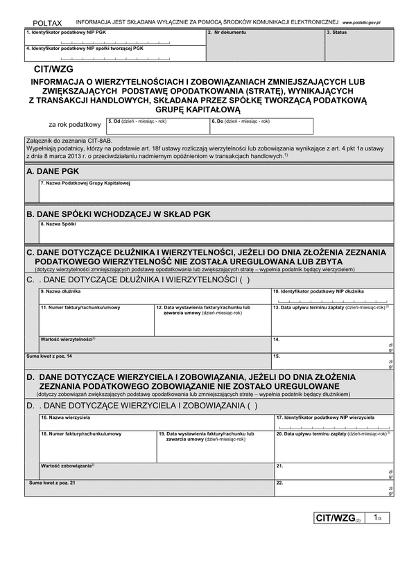 CIT/WZG (2) (archiwalny) Informacja o wierzytelnościach i zobowiązaniach zmniejszających lub zwiększających podstawę opodatkowania (stratę), wynikających z transakcji handlowych, składana przez spółkę tworzącą grupę kapitałow