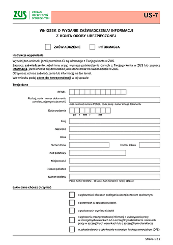 ZUS US-7 Wniosek o wydanie zaświadczenia/informacji z konta osoby ubezpieczonej - z wysyłką do PUE ZUS