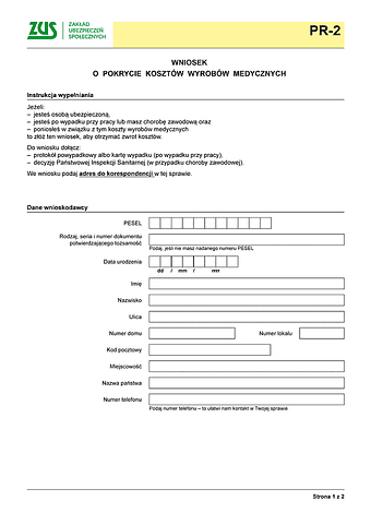 ZUS PR-2 Wniosek o pokrycie kosztów wyrobów medycznych